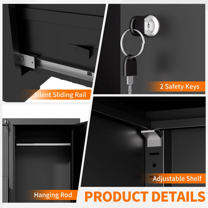 Steel Vertical Filing Cabinet with Lock and Wardrobe Compartment - Black or White