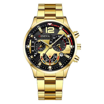 Men's Business Fashion Three-eye Single Calendar Steel Watch Bracelet Cross Bracelet Suit