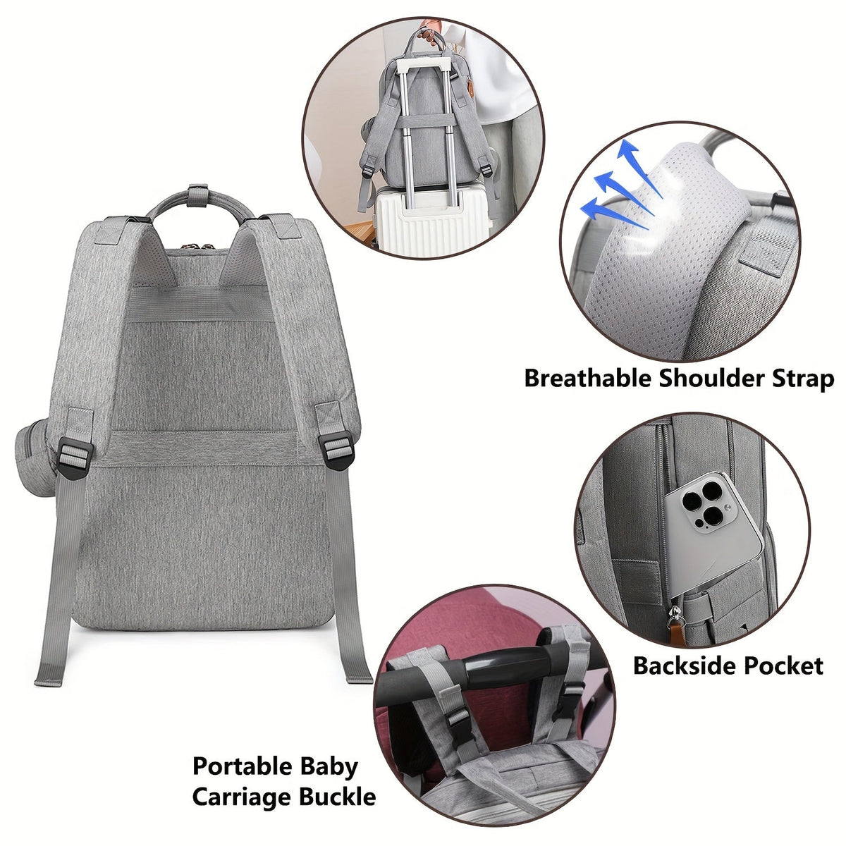 Large Diaper Bag Backpack with Stroller Straps & Pacifier Case - Travel Tote, Multiple Compartments, Ergonomic Padded Straps, Soft Shell Polyester, Mixed Colors