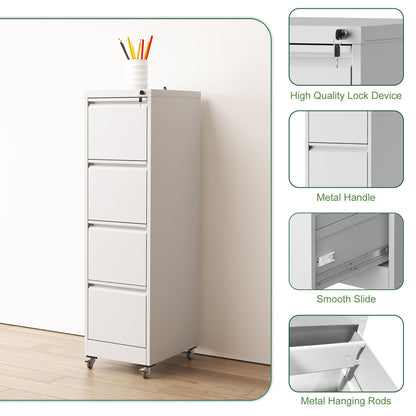 Metal Vertical File Cabinet with Locking Drawers and Wheels - Black or White