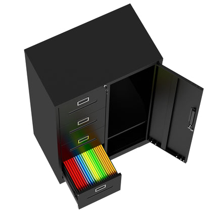 Steel Vertical Filing Cabinet with Lock and Wardrobe Compartment - Black or White