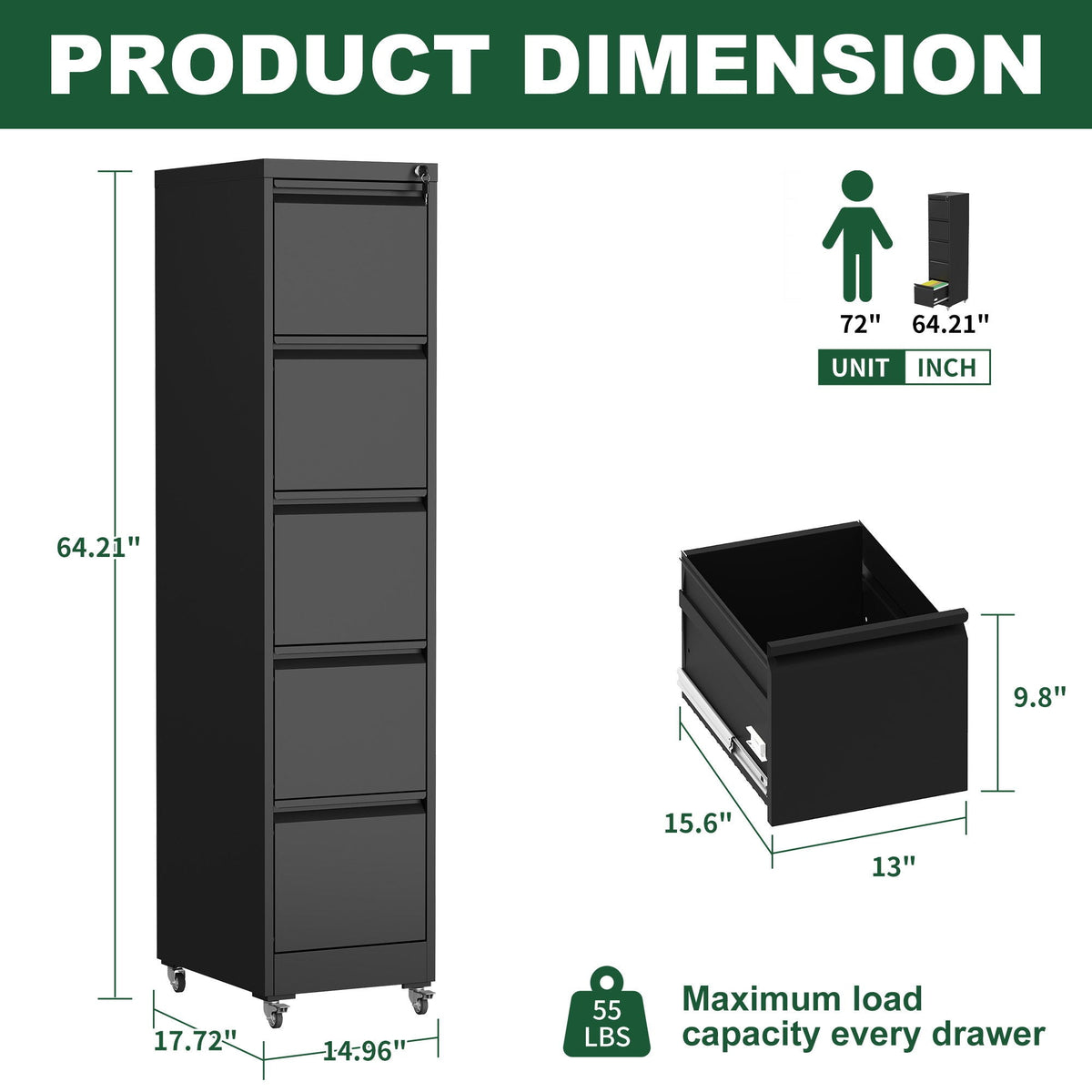 Metal Vertical File Cabinet with Locking Drawers and Wheels - Black or White