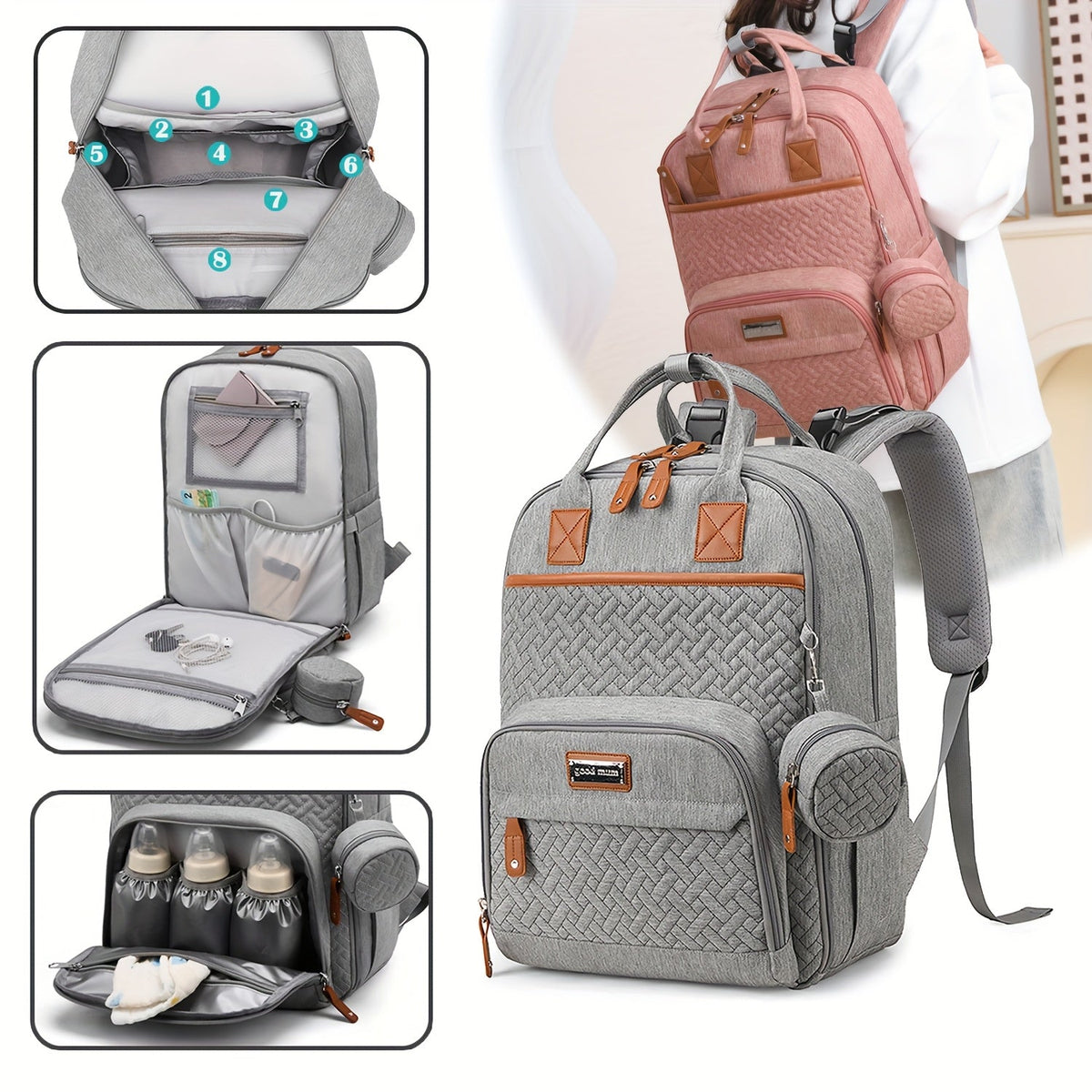 Large Diaper Bag Backpack with Stroller Straps & Pacifier Case - Travel Tote, Multiple Compartments, Ergonomic Padded Straps, Soft Shell Polyester, Mixed Colors