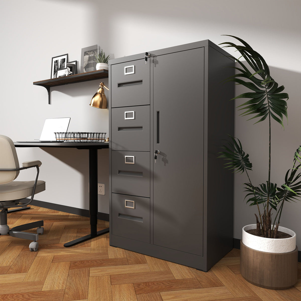 Steel Vertical Filing Cabinet with Lock and Wardrobe Compartment - Black or White