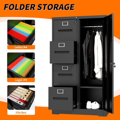 Steel Vertical Filing Cabinet with Lock and Wardrobe Compartment - Black or White