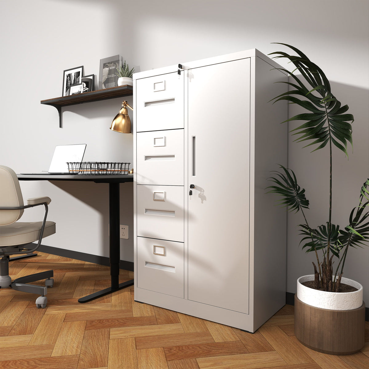 Steel Vertical Filing Cabinet with Lock and Wardrobe Compartment - Black or White
