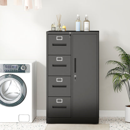 Steel Vertical Filing Cabinet with Lock and Wardrobe Compartment - Black or White