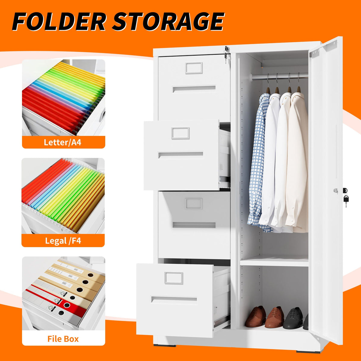Steel Vertical Filing Cabinet with Lock and Wardrobe Compartment - Black or White