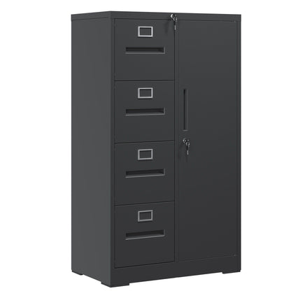 Steel Vertical Filing Cabinet with Lock and Wardrobe Compartment - Black or White