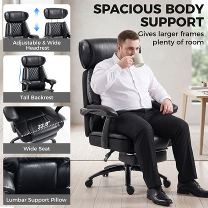 Big & Tall Office Chair 500 lb Wide Seat Lumbar Support Headrest Black