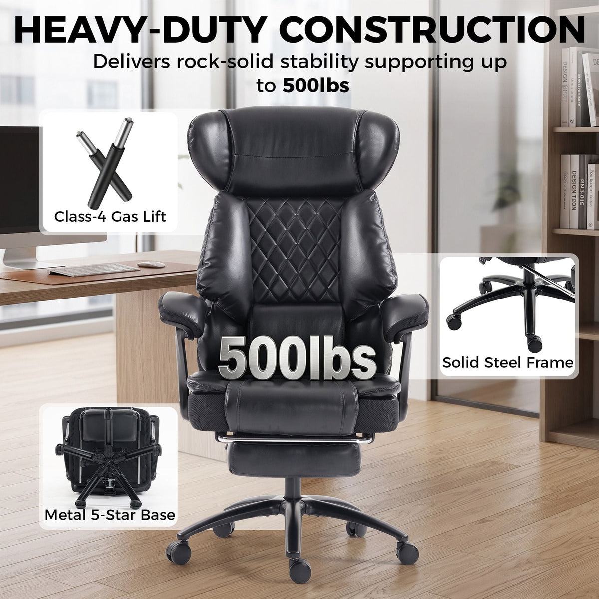 Big & Tall Office Chair 500 lb Wide Seat Lumbar Support Headrest Black