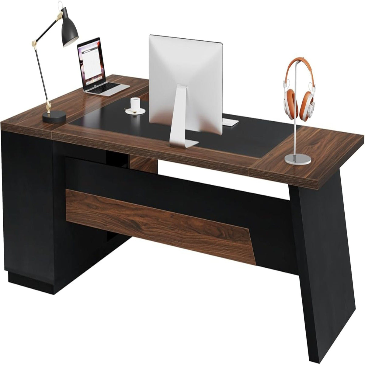 L-Shaped Executive Desk with File Cabinet and Drawers - Black