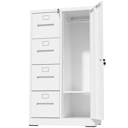 Steel Vertical Filing Cabinet with Lock and Wardrobe Compartment - Black or White