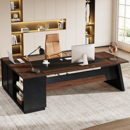 L-Shaped Executive Desk with File Cabinet and Drawers - Black