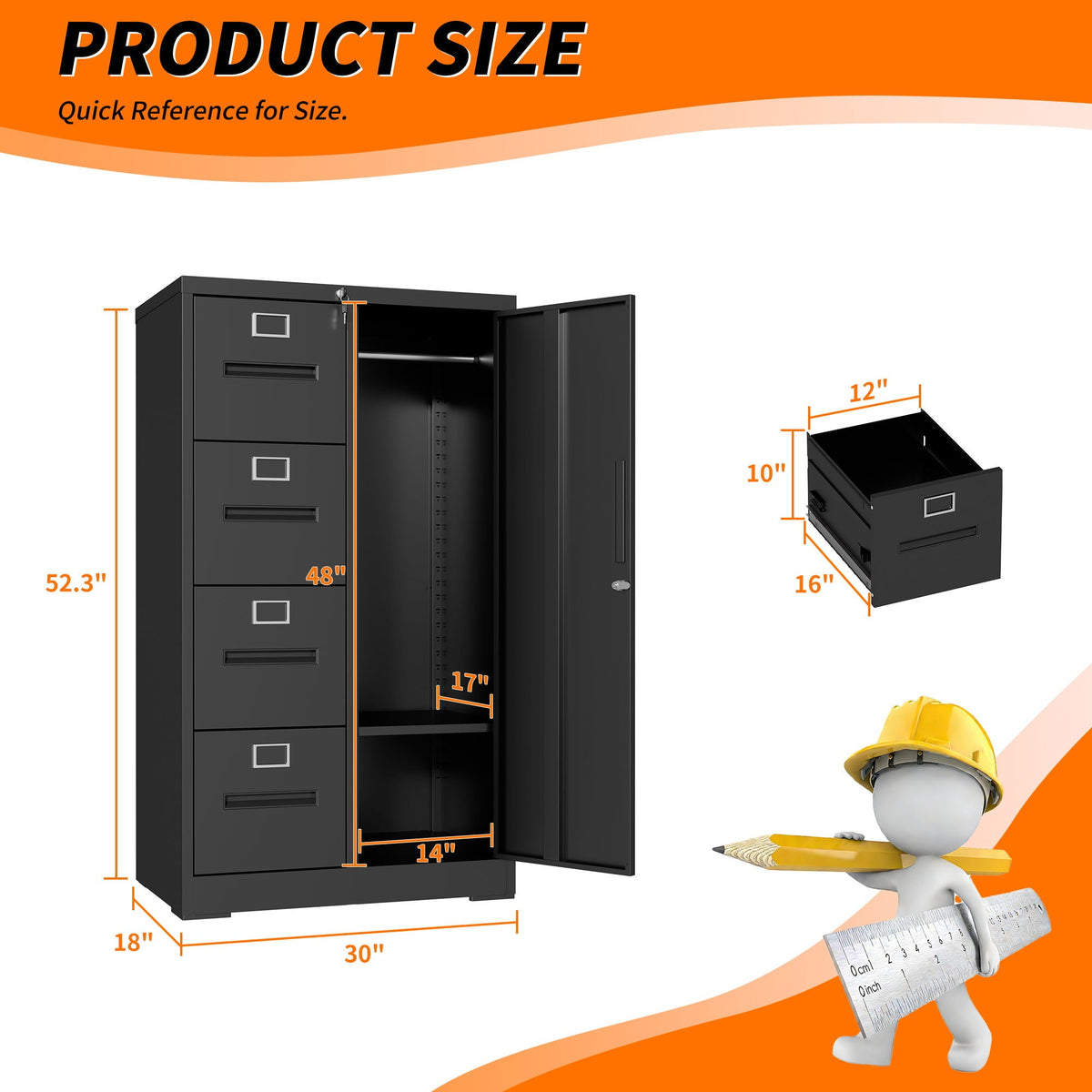 Steel Vertical Filing Cabinet with Lock and Wardrobe Compartment - Black or White