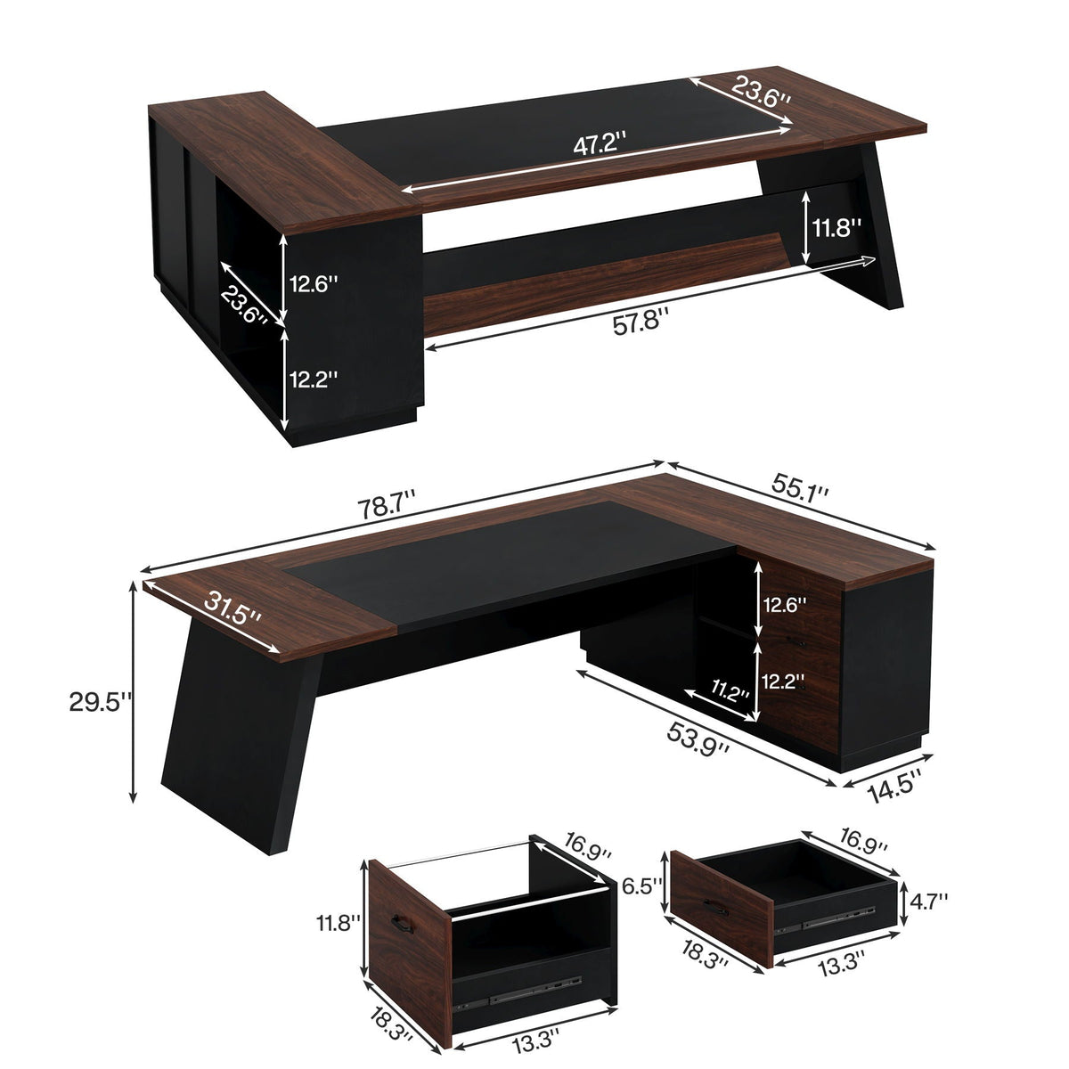 L-Shaped Executive Desk with File Cabinet and Drawers - Black
