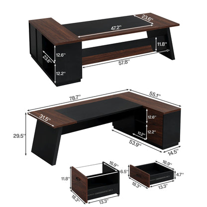 L-Shaped Executive Desk with File Cabinet and Drawers - Black