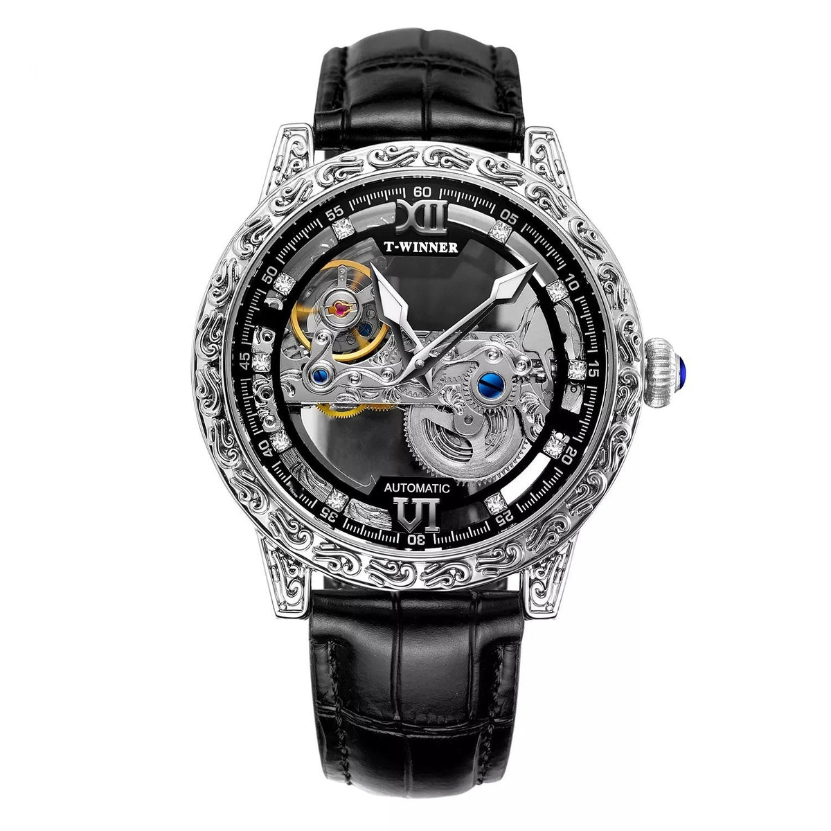 Mens Fashionable Vintage Carved Semi-Automatic Mechanical Watch