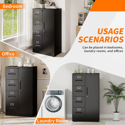 Steel Vertical Filing Cabinet with Lock and Wardrobe Compartment - Black or White