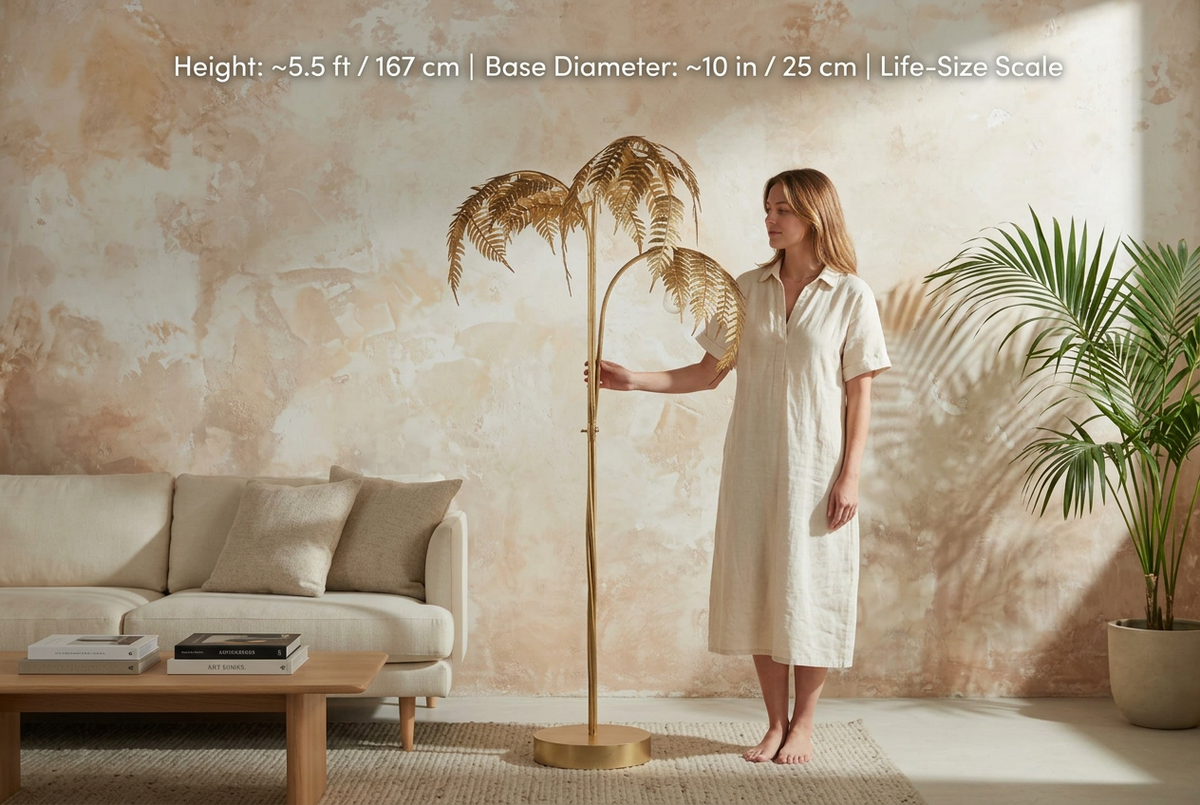 Gold Palm Tree Floor Lamp with Sculptural Fronds | Art Deco Light for Living Room