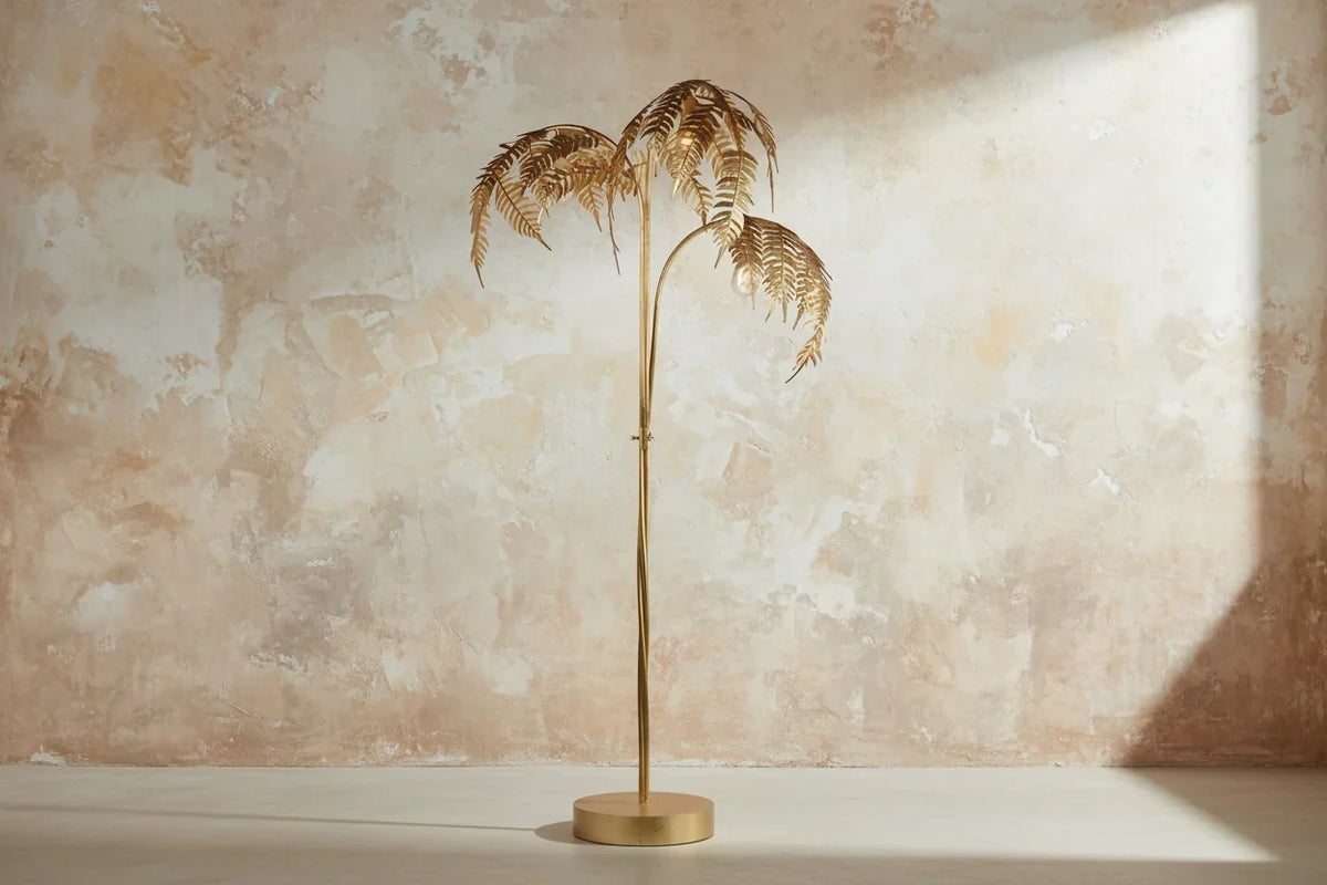 Gold Palm Tree Floor Lamp with Sculptural Fronds | Art Deco Light for Living Room