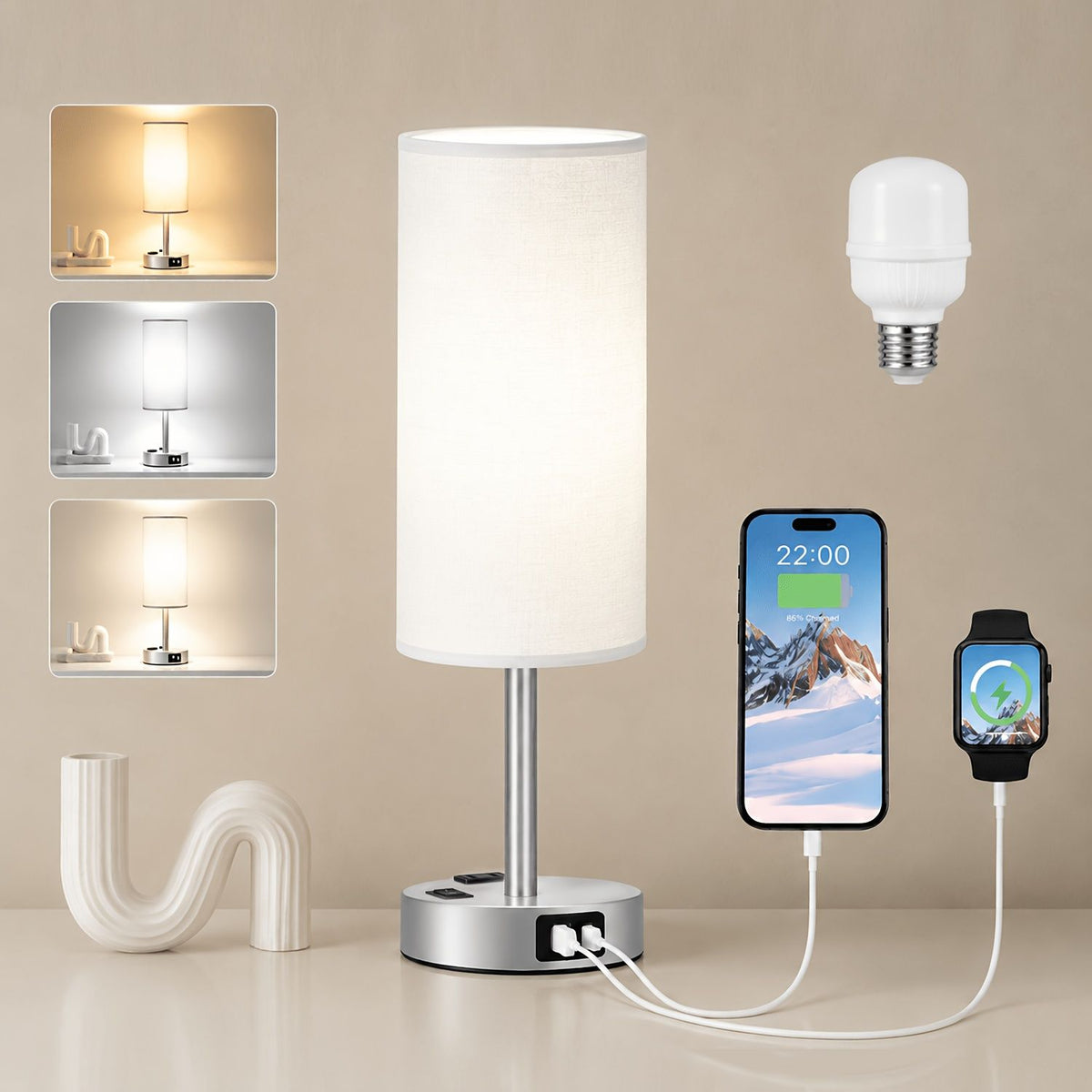 Dimmable Table Lamp with USB Charging Ports and AC Outlet