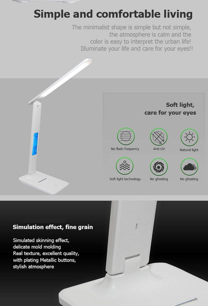 Modern Business Led Office Desk Lamp Touch Dimmable Foldable With Calendar Temperature Alarm Clock table Reading Light Decorative Table Lamp Cute Study Lamps for Bedroom Décor